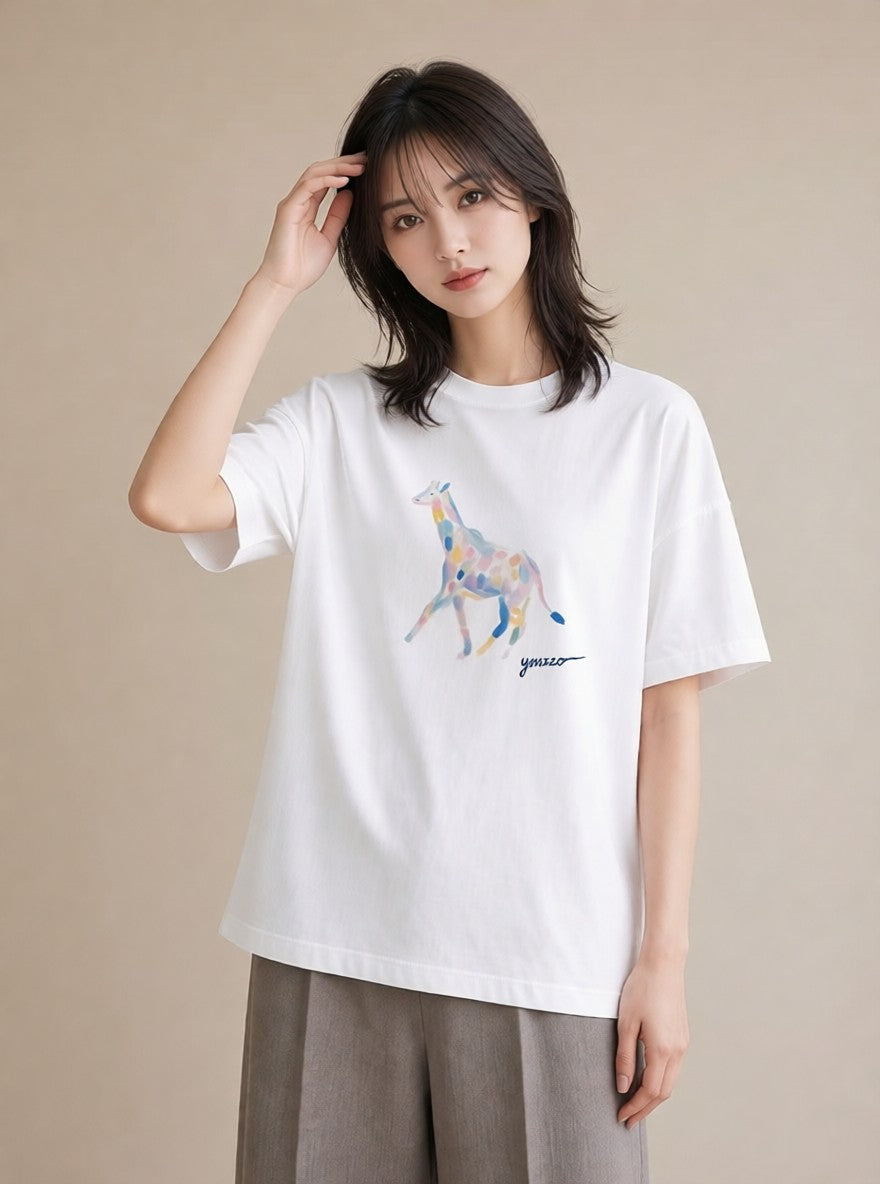 デザインTシャツ レディース きりん 動物 アニマル イラスト 誕生日プレゼント 綿100 白T