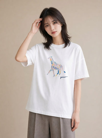 デザインTシャツ レディース きりん 動物 アニマル イラスト 誕生日プレゼント 綿100 白T