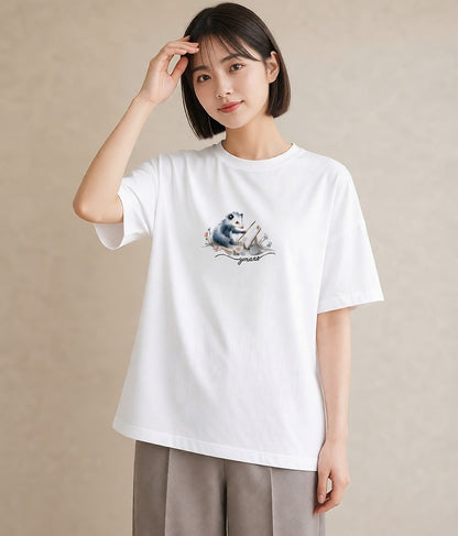 デザインTシャツ レディース ロボロフスキー ペット 動物 イラスト 韓国風 カジュアルコーデ 買い物 白T