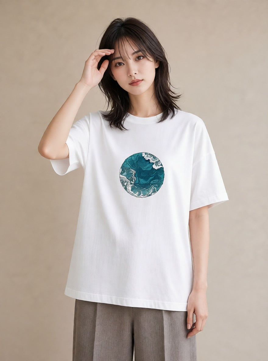 デザインTシャツ レディース 海 星空 宇宙 イラスト ラフカジュアル ママ カフェ服 白T