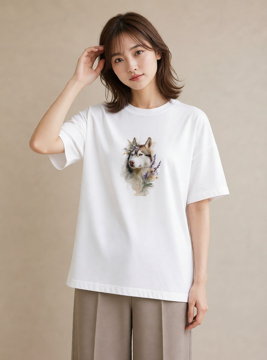 Tシャツ レディース シベリアンハスキー 犬 いぬ イラスト 休日コーデ 送別ギフト 通勤 白T