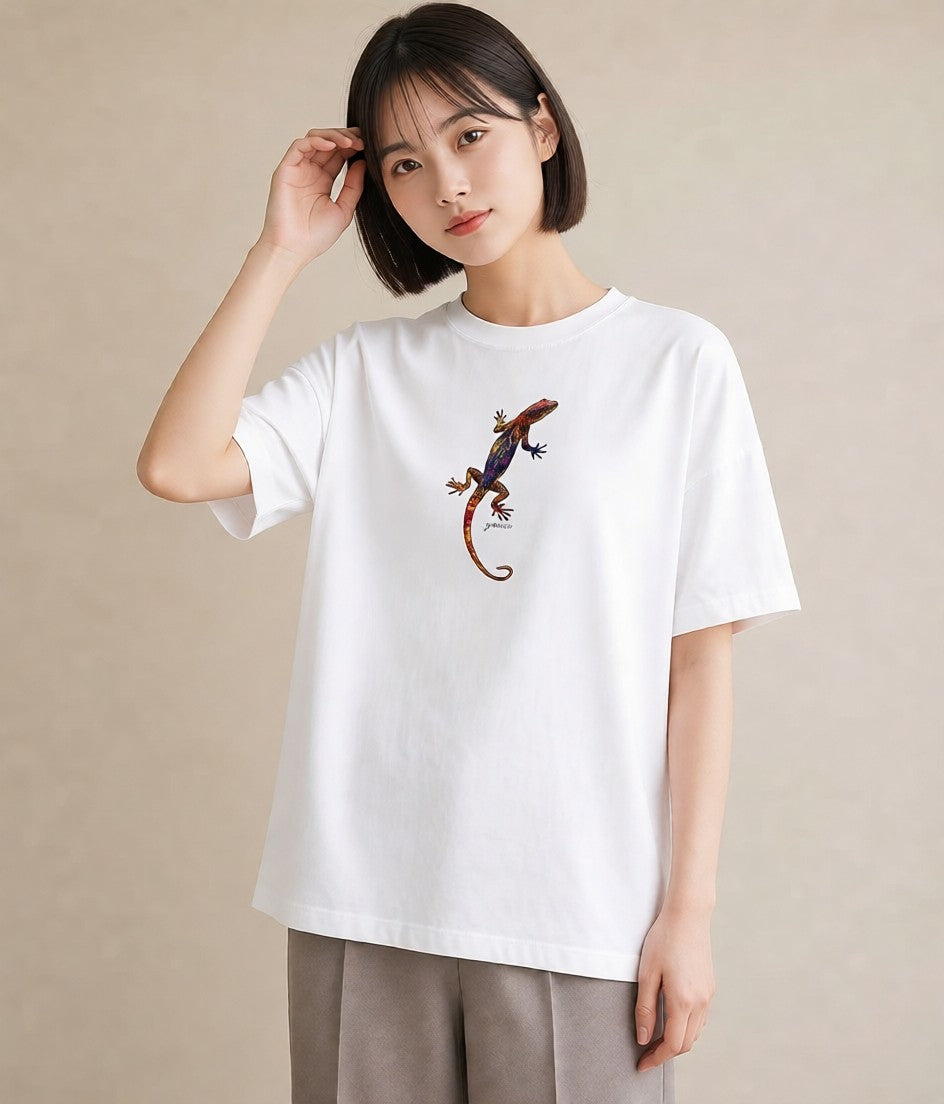 Tシャツ レディース ヤモリ ペット 動物 イラスト ヴィンテージ風 通勤 在宅 白T