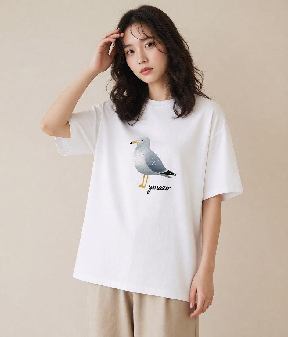 プリントTシャツ レディース 遠い家と鳥 風景 鳥 ナチュラル アンティーク イラスト ゆるコーデ 在宅 公園 白T
