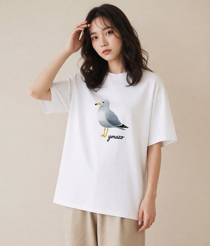 プリントTシャツ レディース 遠い家と鳥 風景 鳥 ナチュラル アンティーク イラスト ゆるコーデ 在宅 公園 白T