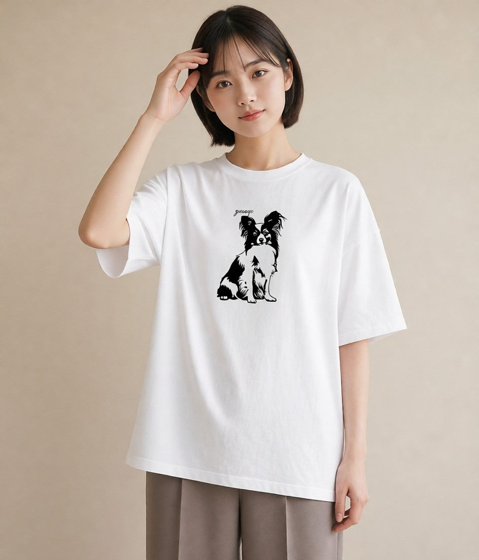 プリントTシャツ レディース パピヨン 犬 いぬ イラスト 線画 通学 誕生日プレゼント 白T