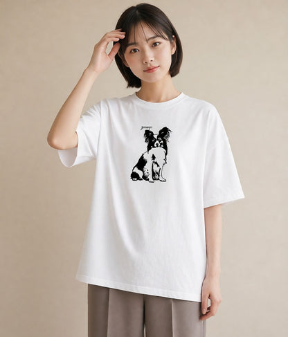 プリントTシャツ レディース パピヨン 犬 いぬ イラスト 線画 通学 誕生日プレゼント 白T