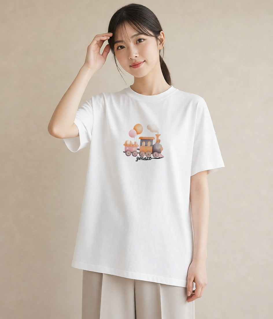 Tシャツ レディース 駅のホーム ローカル線 駅 ナチュラル アンティーク イラスト シック 旅行用 海 白T