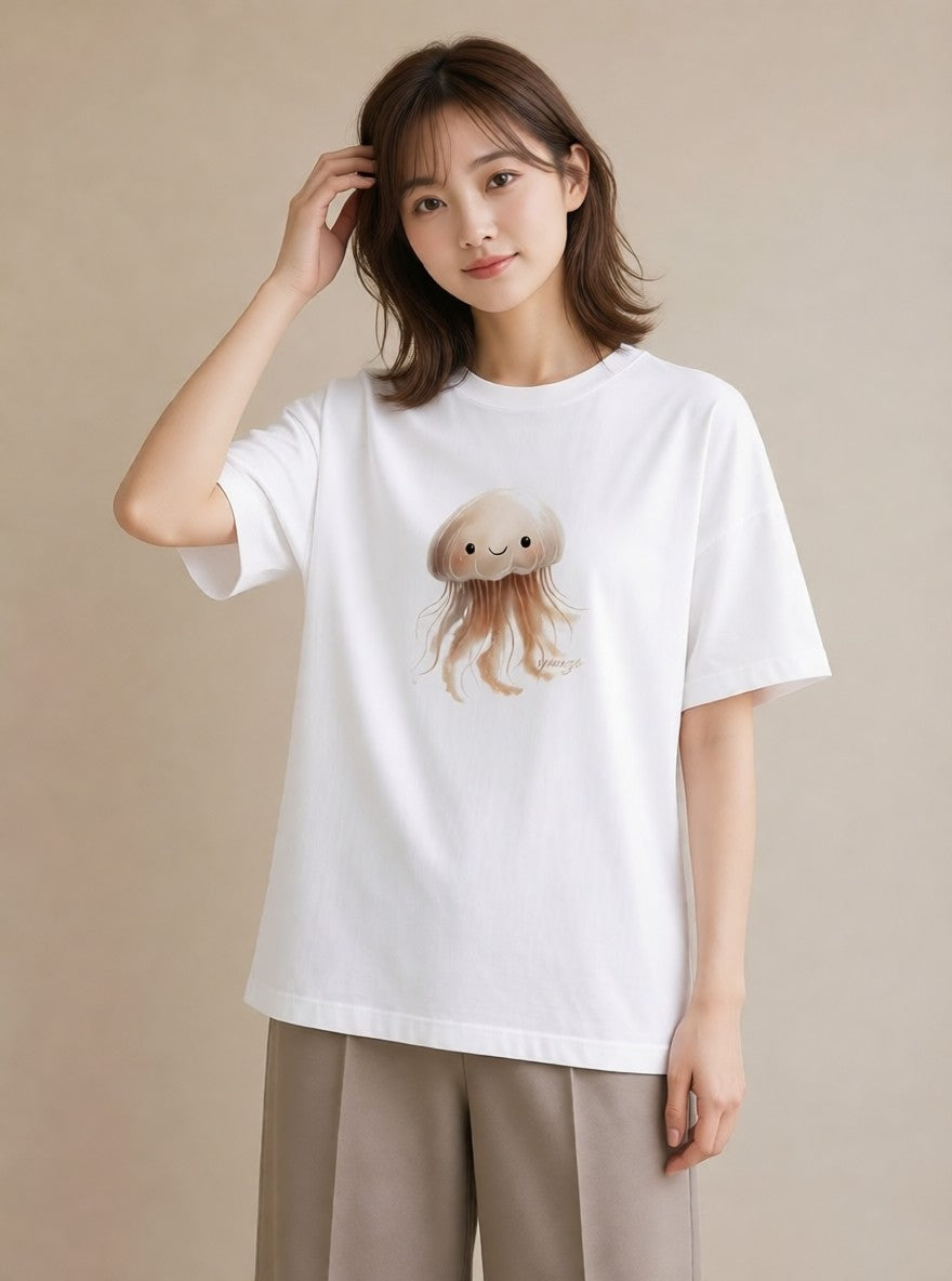 半袖Tシャツ レディース イカ 海の生き物 海 イラスト カジュアル 姉妹 送別ギフト 白T