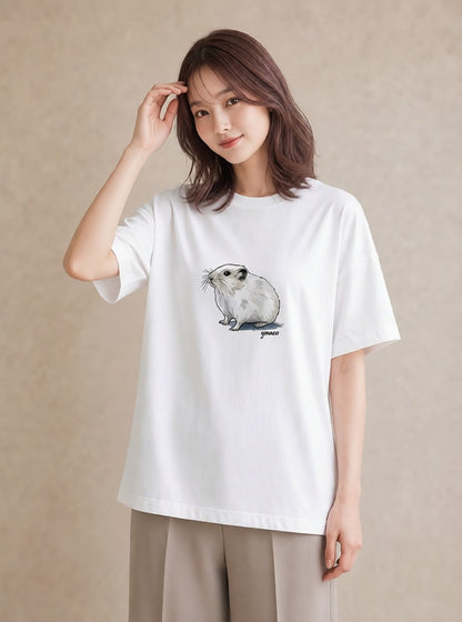 半袖Tシャツ レディース フェレット ペット 動物 イラスト 北欧風 デイリーウェア 休日 白T