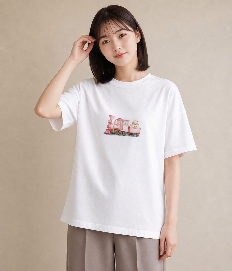 半袖Tシャツ レディース 駅のホーム ローカル線 駅 ナチュラル アンティーク イラスト 水彩風 女子会 お揃い 白T