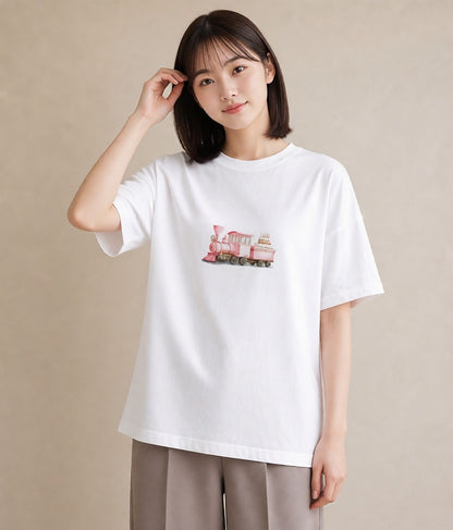半袖Tシャツ レディース 駅のホーム ローカル線 駅 ナチュラル アンティーク イラスト 水彩風 女子会 お揃い 白T