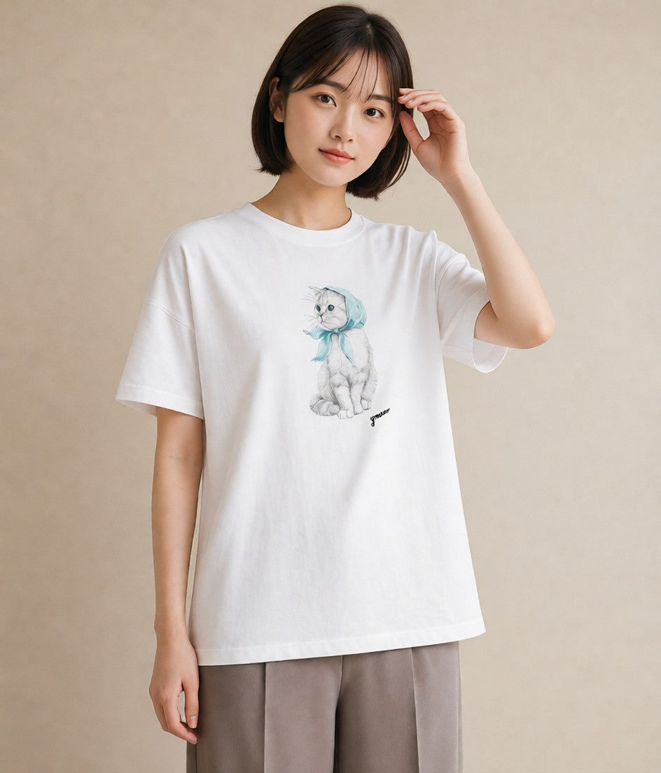 デザインTシャツ レディース スコティッシュフォールド 猫 ねこ イラスト 抜け感 社会人 女性 白T