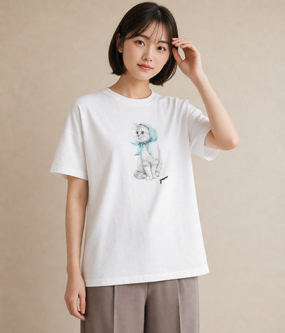 デザインTシャツ レディース スコティッシュフォールド 猫 ねこ イラスト 抜け感 社会人 女性 白T