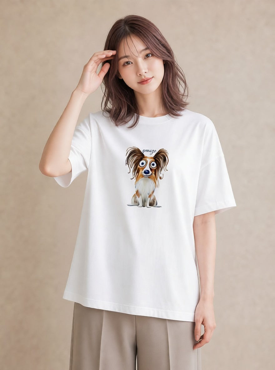 半袖Tシャツ レディース パピヨン 犬 いぬ イラスト 休日コーデ 春コーデ 姉妹 白T