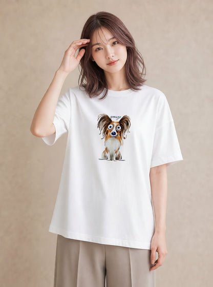 半袖Tシャツ レディース パピヨン 犬 いぬ イラスト 休日コーデ 春コーデ 姉妹 白T