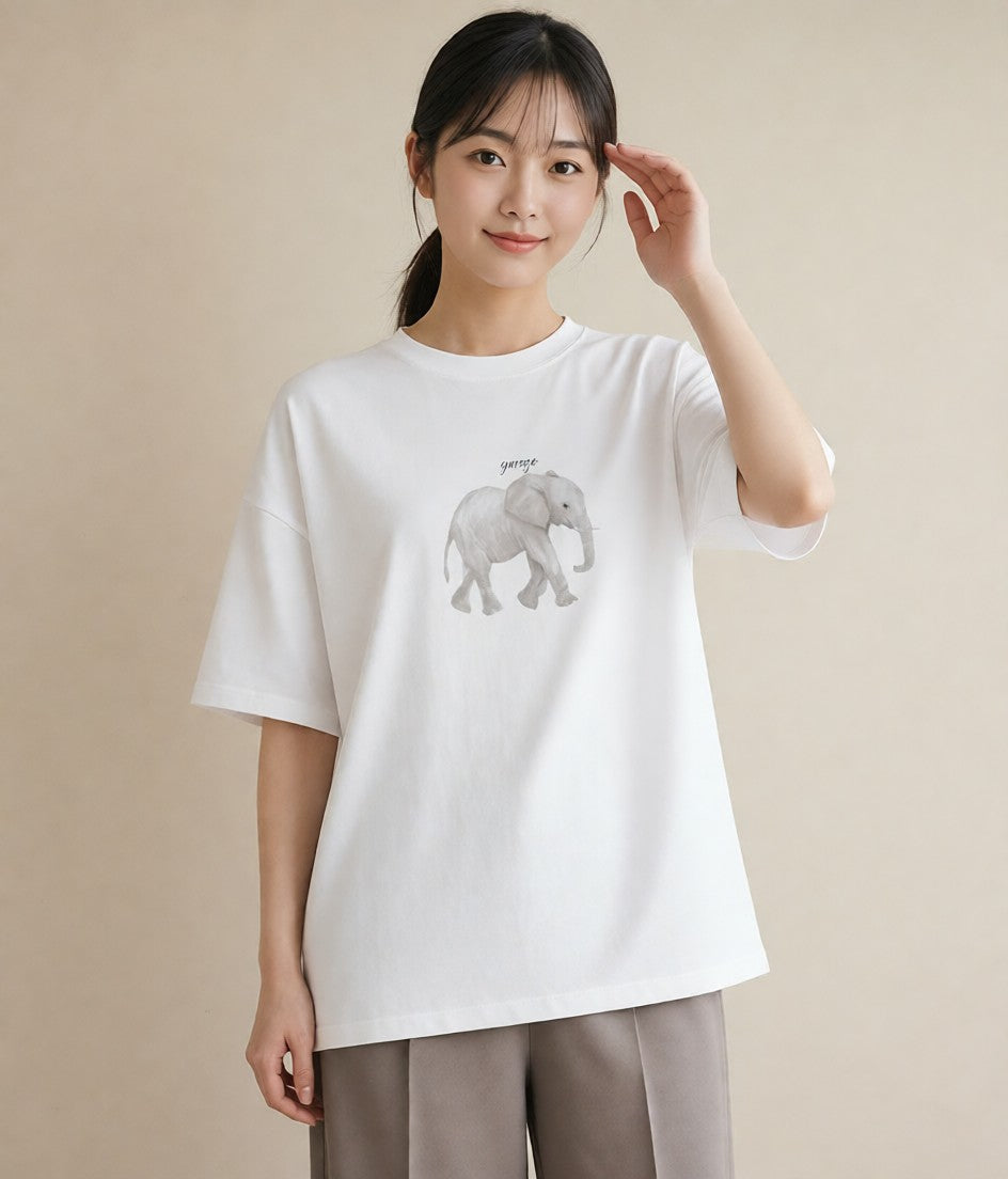 Tシャツ レディース ぞう 動物 アニマル イラスト ミニマル 通勤 在宅 白T