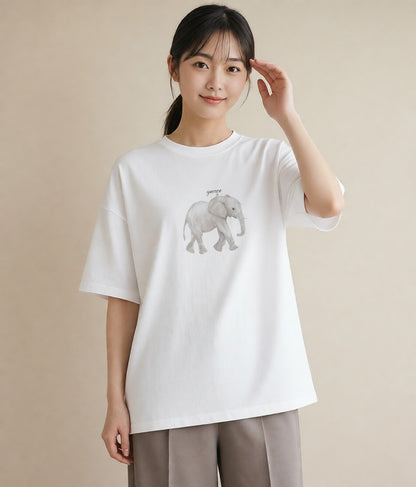 Tシャツ レディース ぞう 動物 アニマル イラスト ミニマル 通勤 在宅 白T
