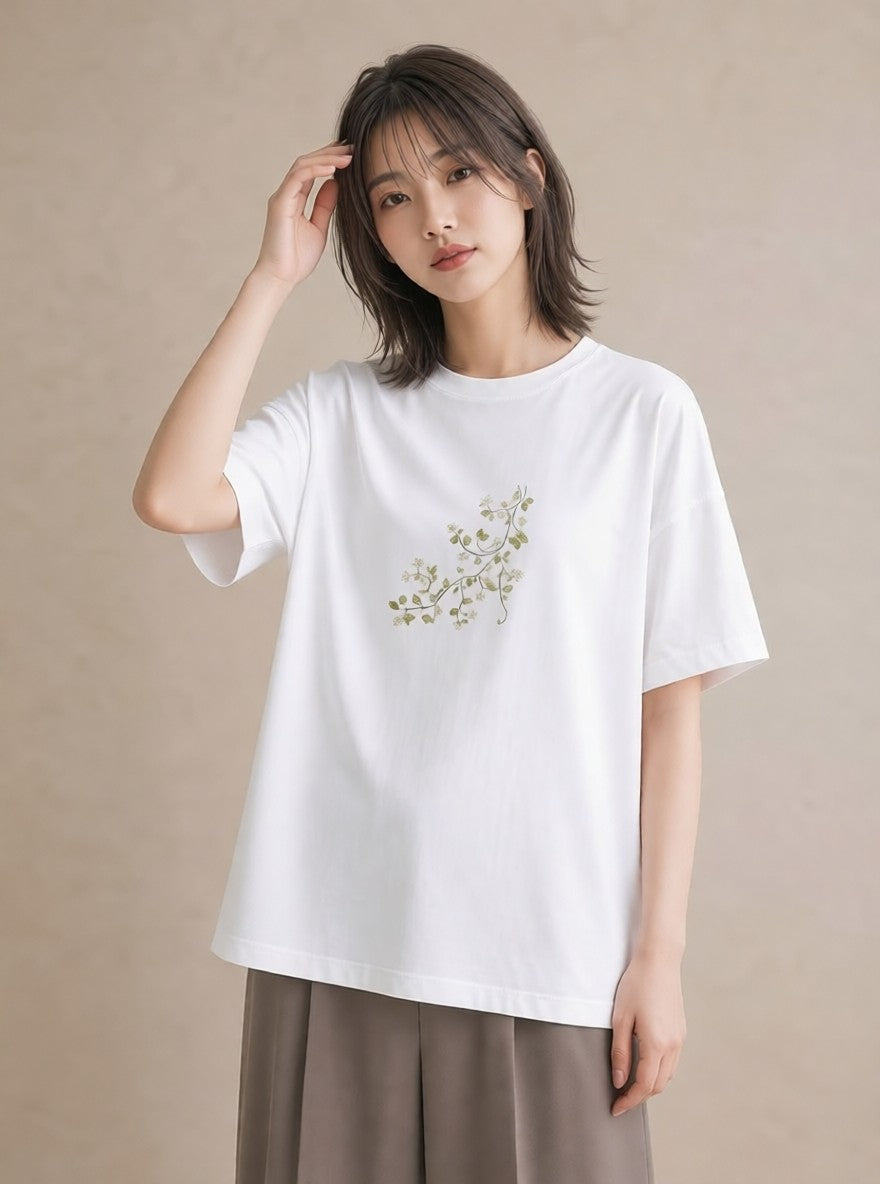 プリントTシャツ レディース つる 植物 ボタニカル イラスト 線画 散歩 お出かけ 白T