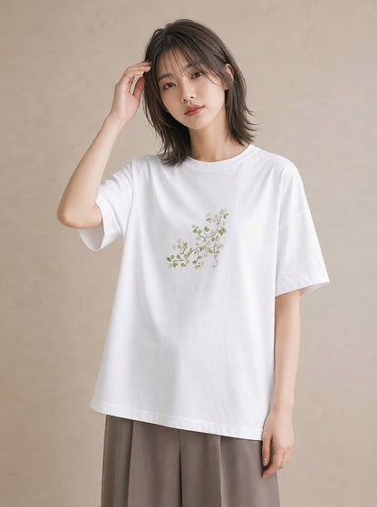 プリントTシャツ レディース つる 植物 ボタニカル イラスト 線画 散歩 お出かけ 白T