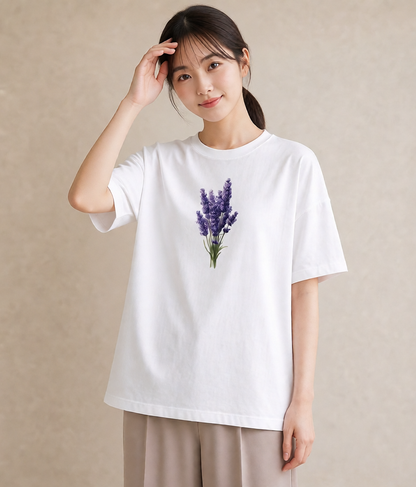 グラフィックTシャツ レディース ラベンダー 花 花柄 イラスト 旅行コーデ 帰省 ラフ 白T