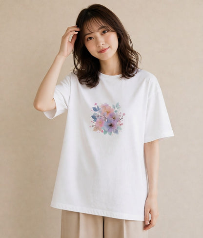 グラフィックTシャツ レディース 椿 花 花柄 イラスト ラフ 散歩 お出かけ 白T