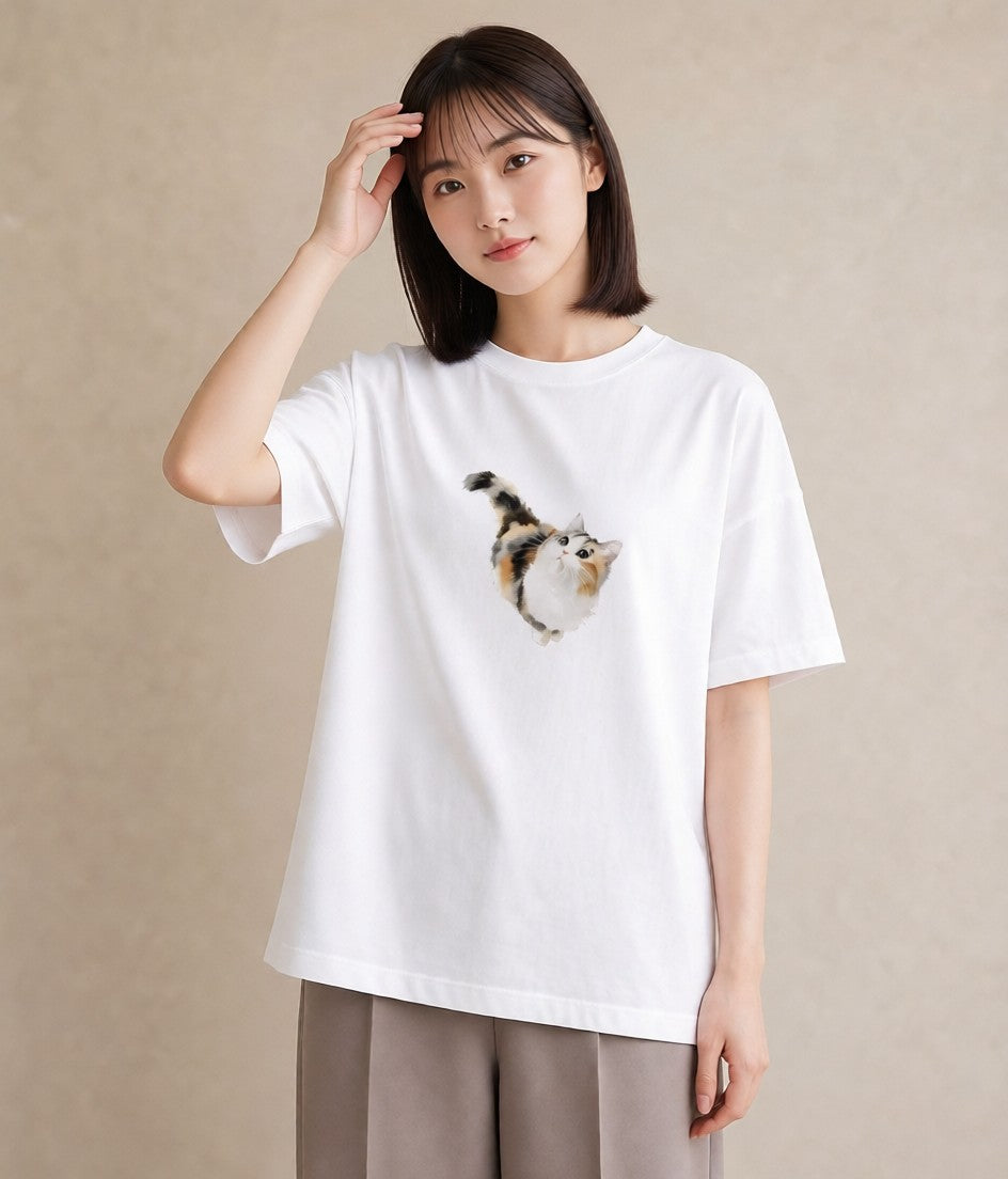 半袖Tシャツ レディース 茶トラ 茶猫 猫 ねこ イラスト 女性向けギフト 散歩 白T