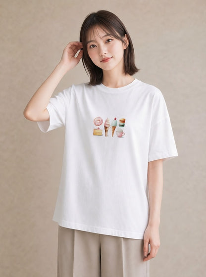 デザインTシャツ レディース ドーナツ 食べ物 フード イラスト こなれ感 ラフ レイヤード 白T