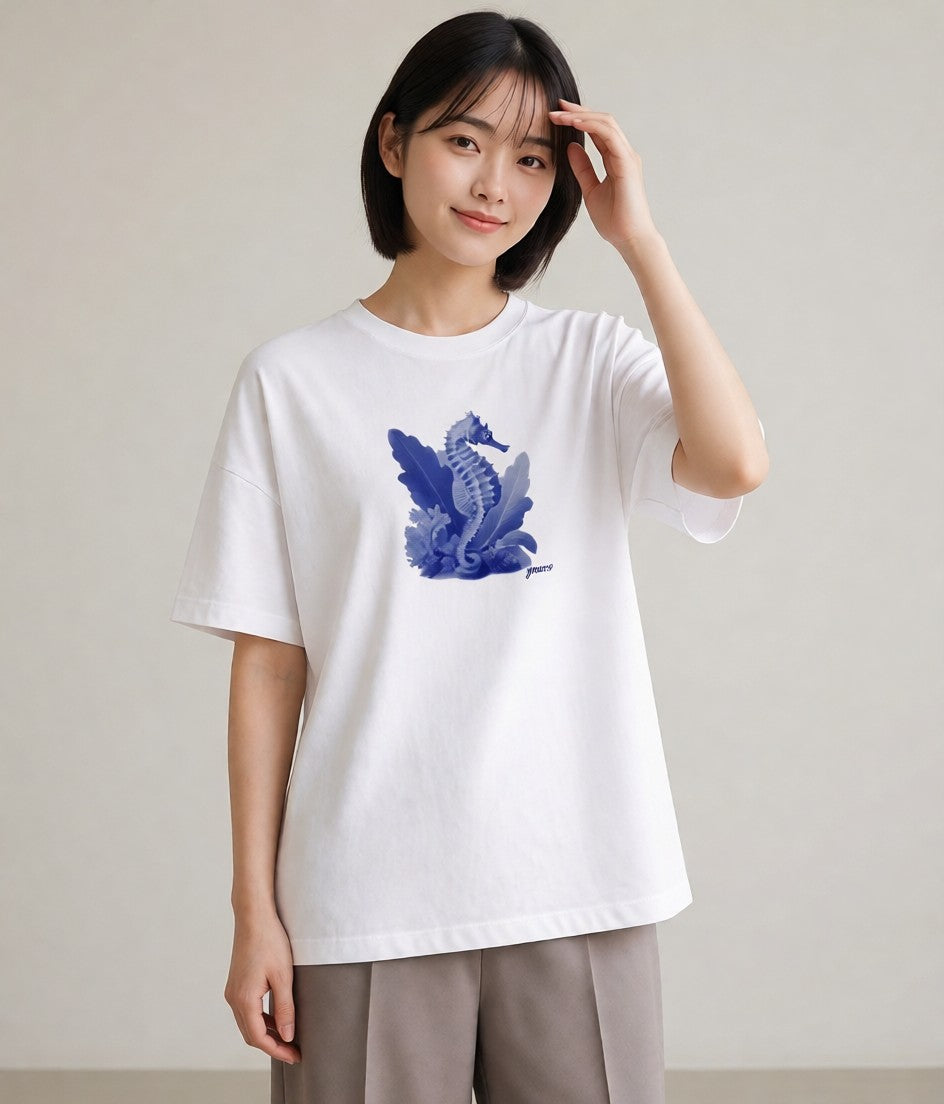 プリントTシャツ レディース タツノオトシゴ 海の生き物 海 イラスト お洒落 綿100 デート 白T