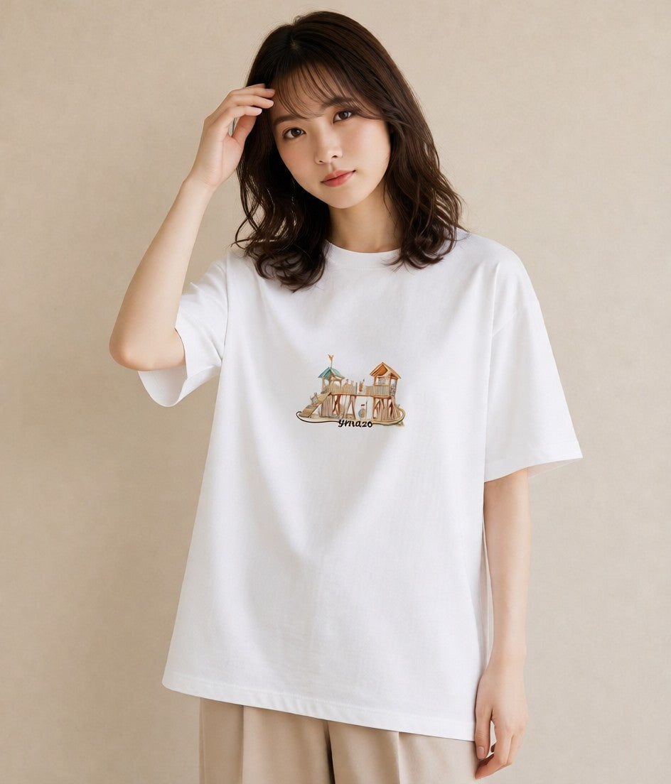 デザインTシャツ レディース 小川 橋 せせらぎ ナチュラル アンティーク イラスト カフェコーデ 姉妹 送別ギフト 白T