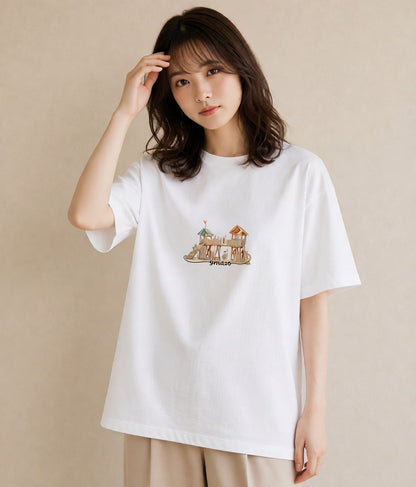 デザインTシャツ レディース 小川 橋 せせらぎ ナチュラル アンティーク イラスト カフェコーデ 姉妹 送別ギフト 白T