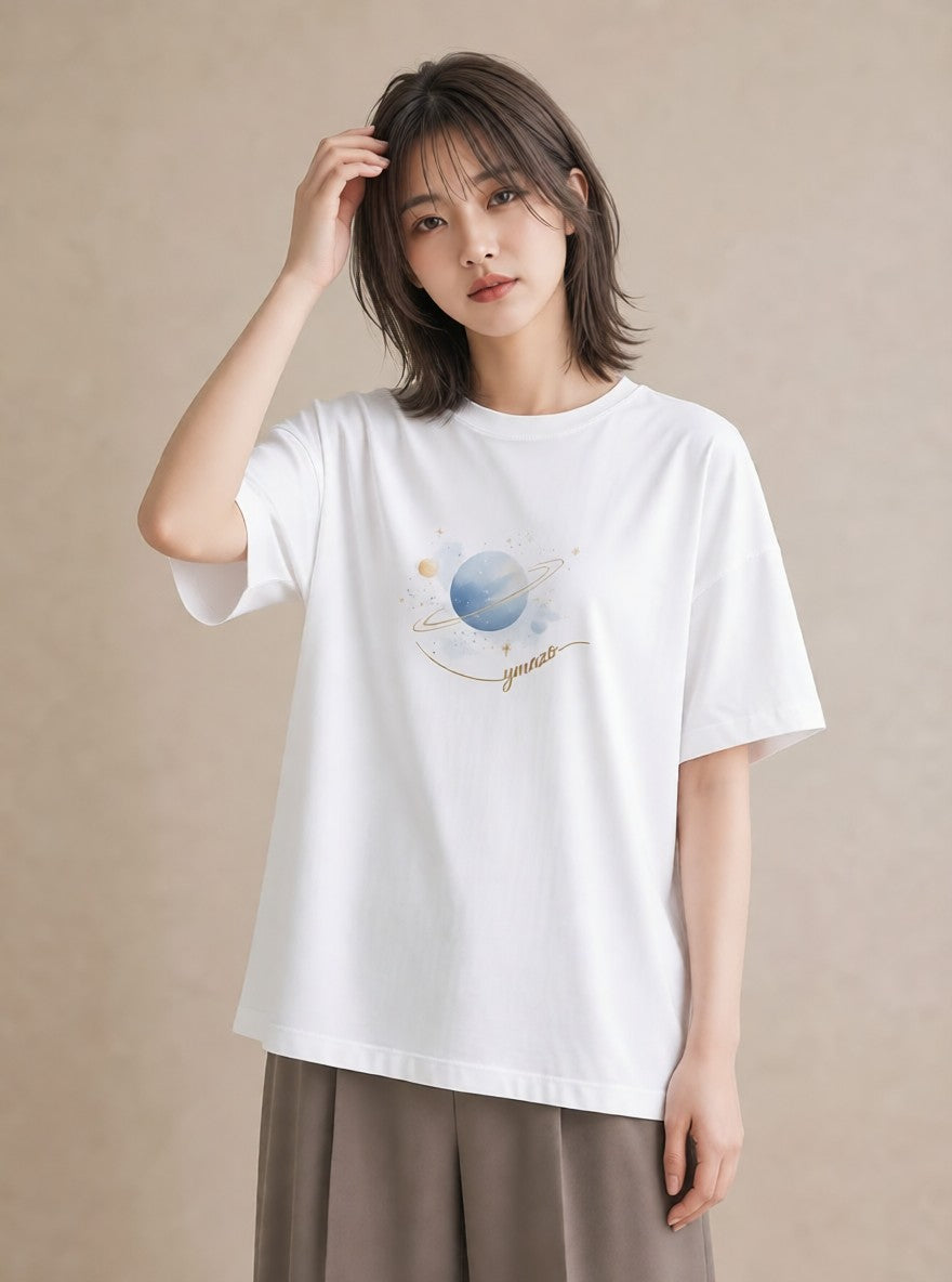 プリントTシャツ レディース 土星 星空 宇宙 イラスト カジュアル カジュアルコーデ 買い物 白T
