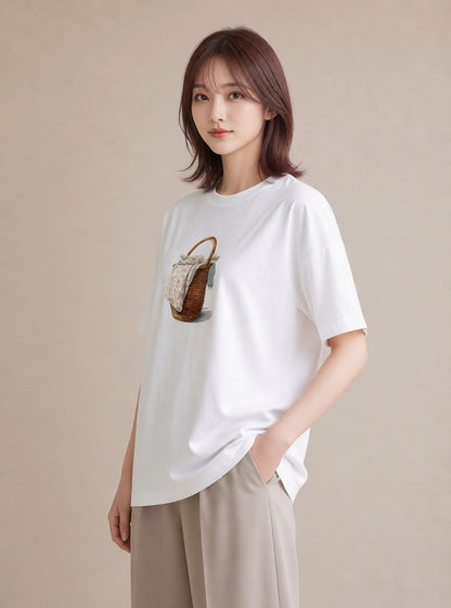 Tシャツ レディース 自転車のかご 自転車 花かご ナチュラル アンティーク イラスト 水彩風 春服 ミセス 白T