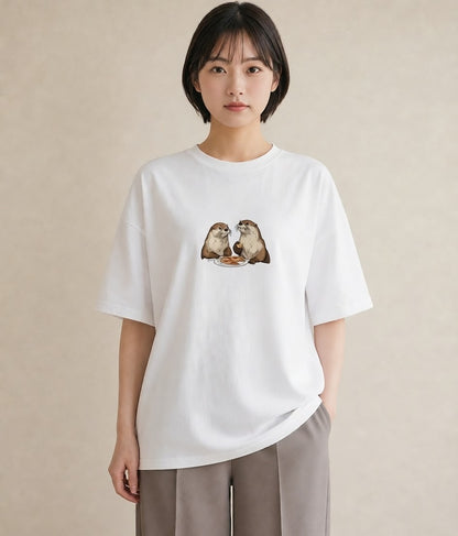 グラフィックTシャツ レディース カワウソ 動物 アニマル イラスト ヴィンテージ風 カフェ巡り 女子会 白T