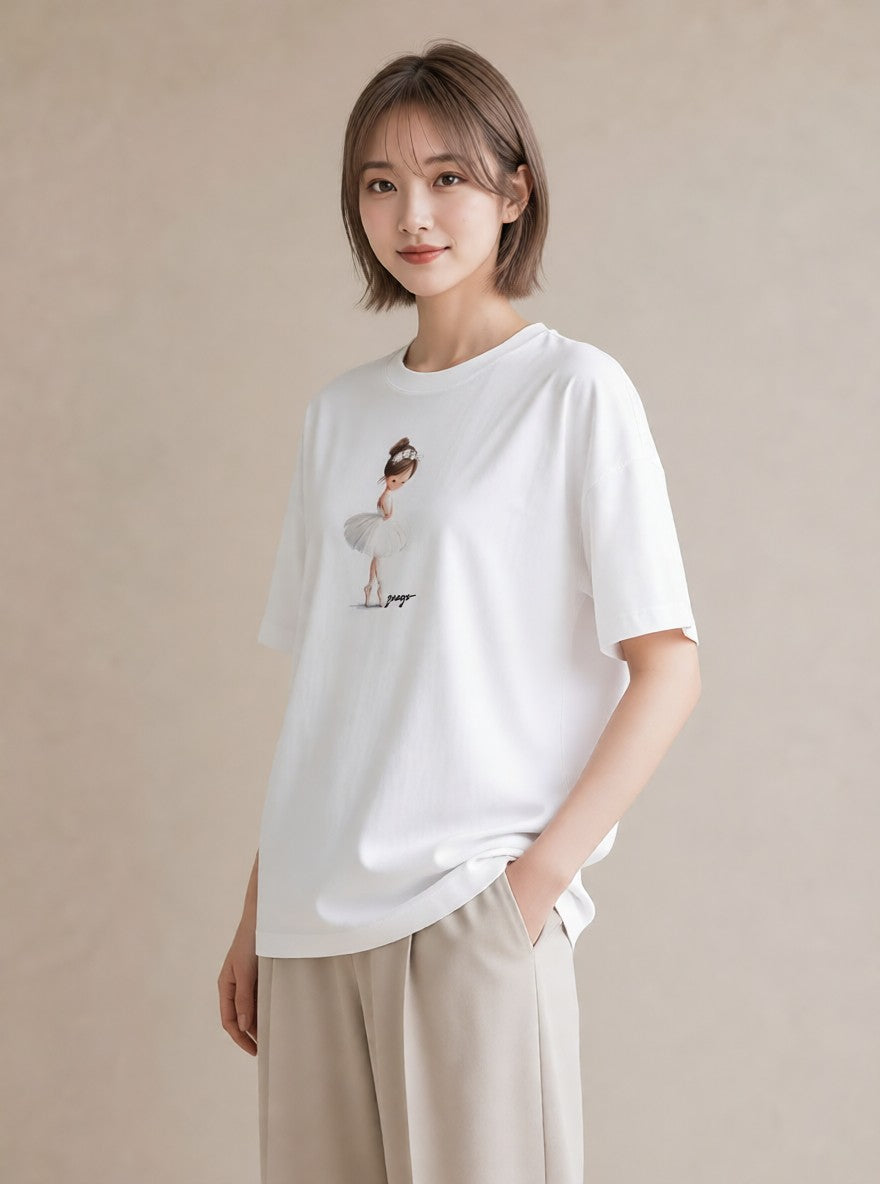 グラフィックTシャツ レディース バレエシューズ バレエ トウシューズ ナチュラル アンティーク イラスト ラフ ルームウェア ギフト 白T