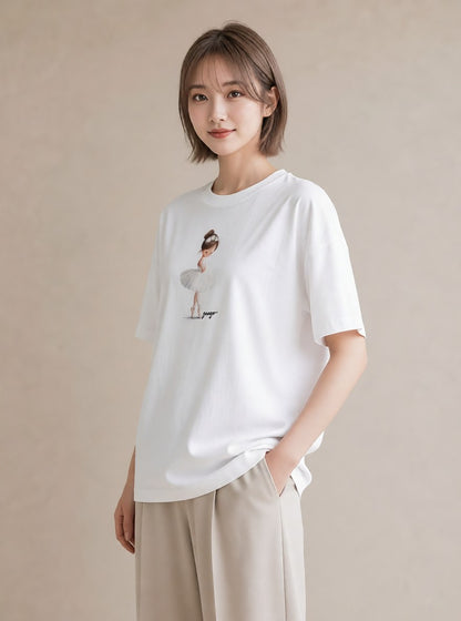 グラフィックTシャツ レディース バレエシューズ バレエ トウシューズ ナチュラル アンティーク イラスト ラフ ルームウェア ギフト 白T