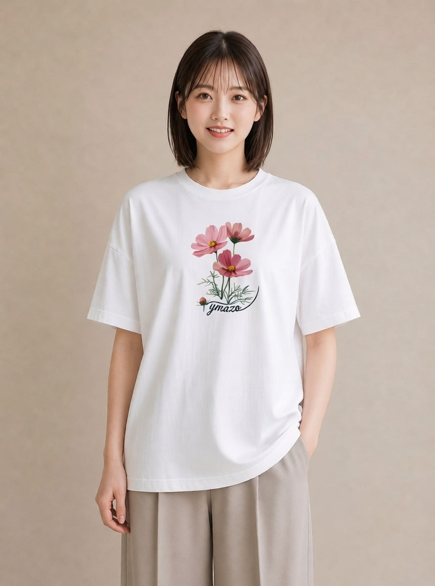 Tシャツ レディース コスモス 秋桜 花 花柄 イラスト 旅行コーデ 秋コーデ おしゃれギフト 白T
