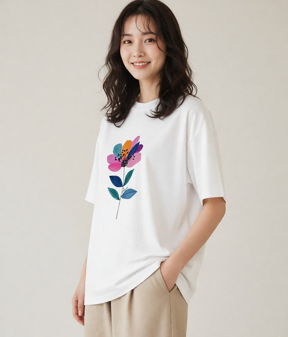 Tシャツ レディース スミレ 花 花柄 イラスト シンプル 海 カフェ巡り 白T