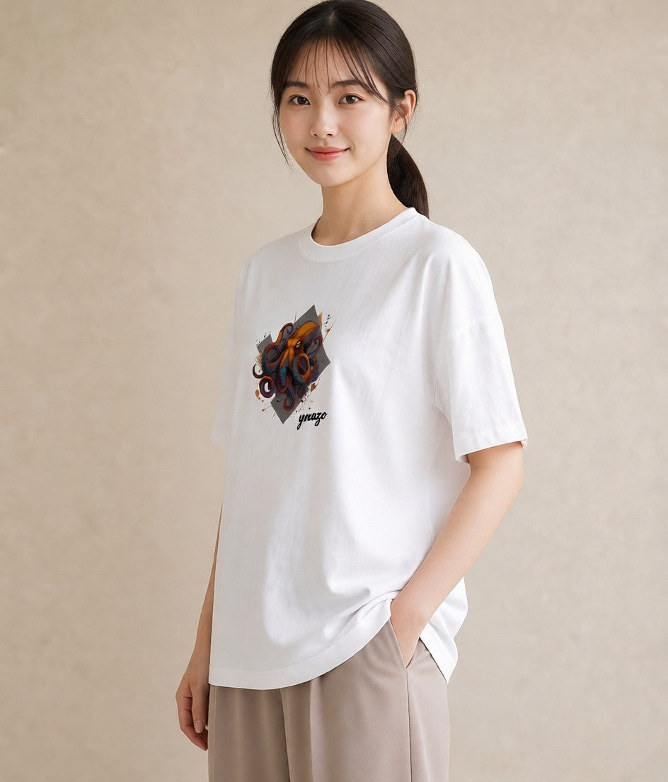 半袖Tシャツ レディース タコ 海の生き物 海 イラスト 普段使い デート 帰省 白T