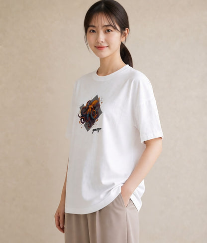 半袖Tシャツ レディース タコ 海の生き物 海 イラスト 普段使い デート 帰省 白T