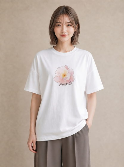 Tシャツ レディース 牡丹 花 花柄 イラスト 旅行コーデ 公園 ママ 白T