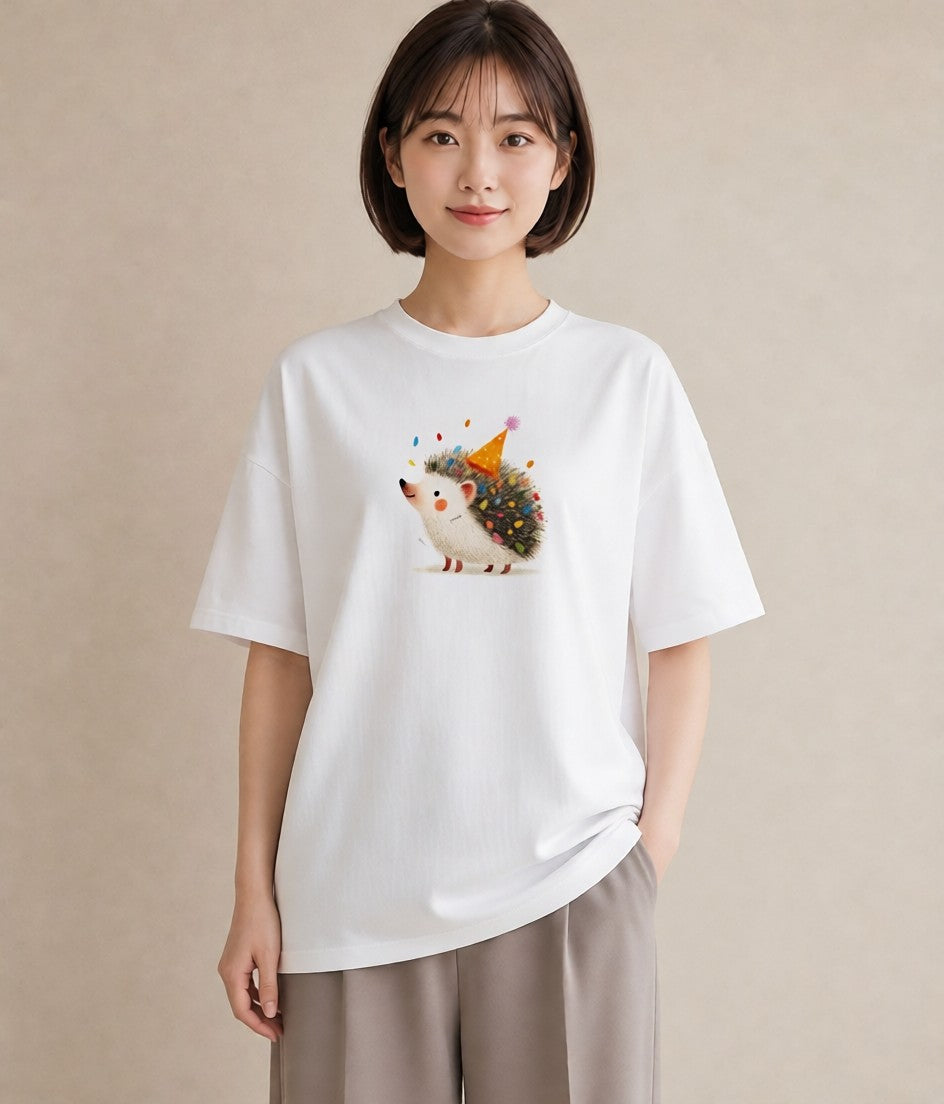 半袖Tシャツ レディース ハリネズミ ペット 動物 イラスト ガーリー 休日 ペアコーデ 白T