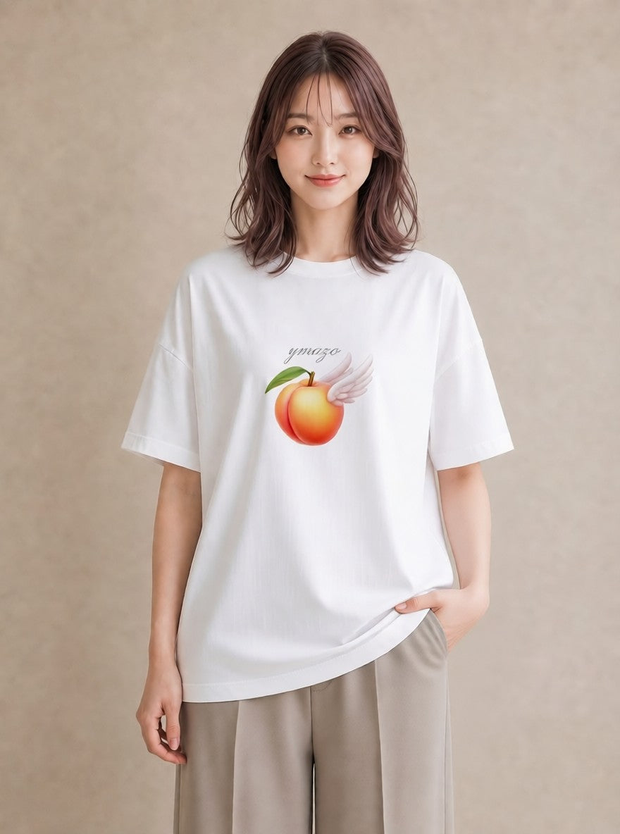 半袖Tシャツ レディース もも 食べ物 フード イラスト 旅行コーデ 休日 ペアコーデ 白T