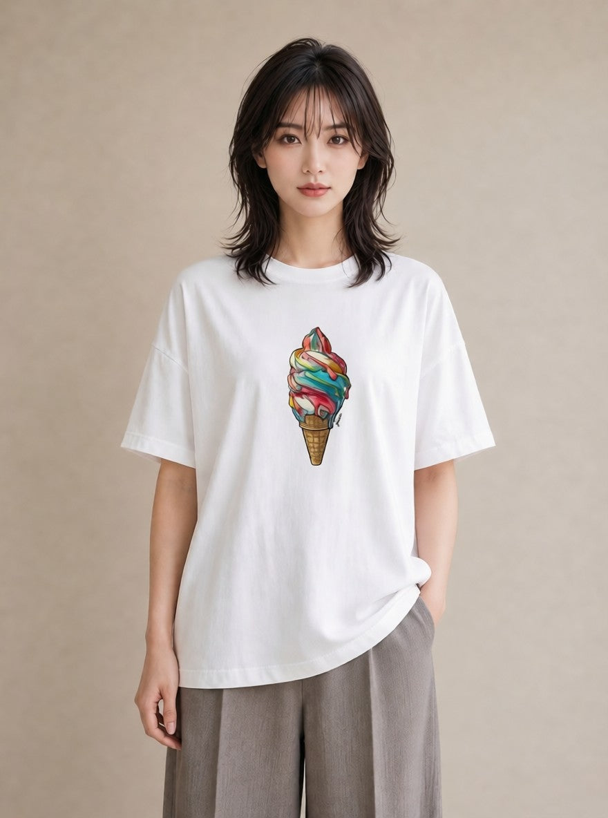 半袖Tシャツ レディース ソフトクリーム 食べ物 フード イラスト フェミニン ラフ レイヤード 白T