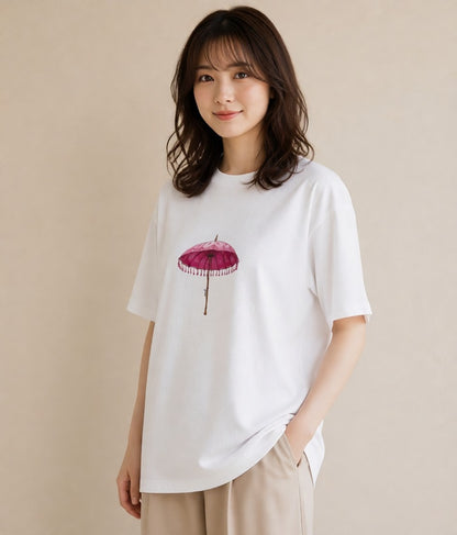 半袖Tシャツ レディース 傘 水たまり 雨 ナチュラル アンティーク イラスト レトロ 休日 ペアコーデ 白T
