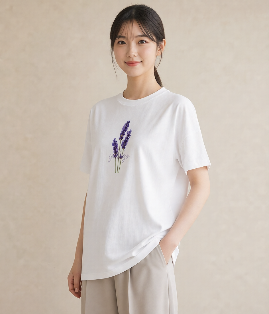 Tシャツ レディース ラベンダー 花 花柄 イラスト デート 帰省 白T