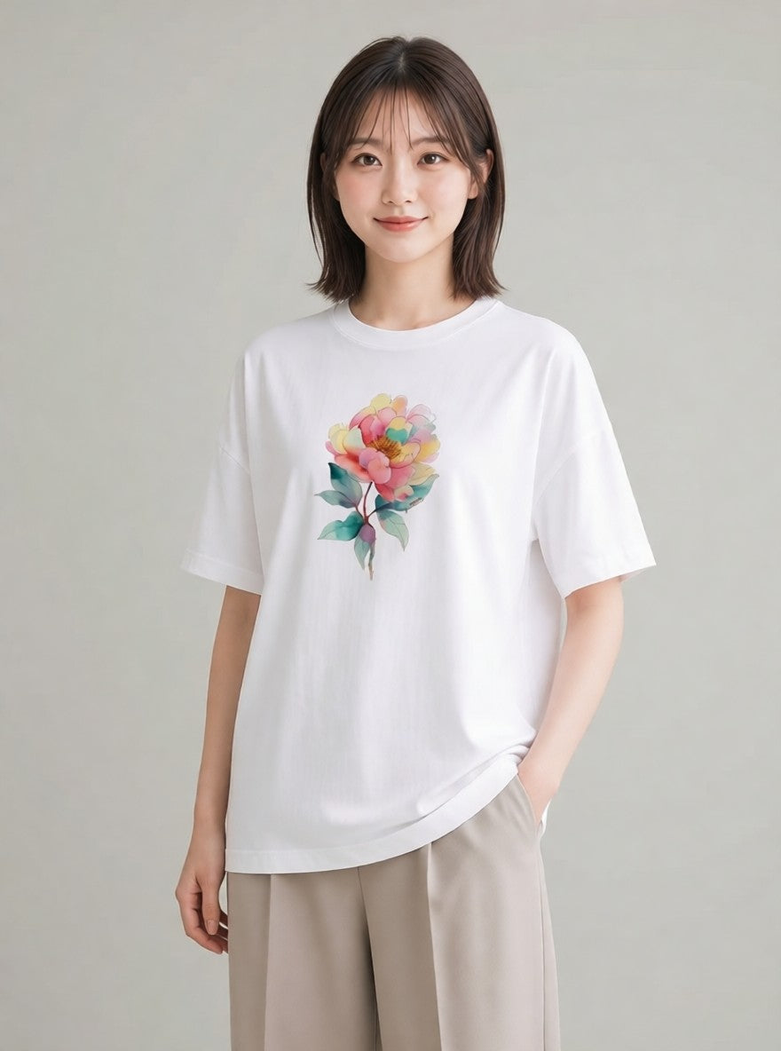 Tシャツ レディース 牡丹 花 花柄 イラスト ゆるコーデ ビーチ デイリーウェア 白T