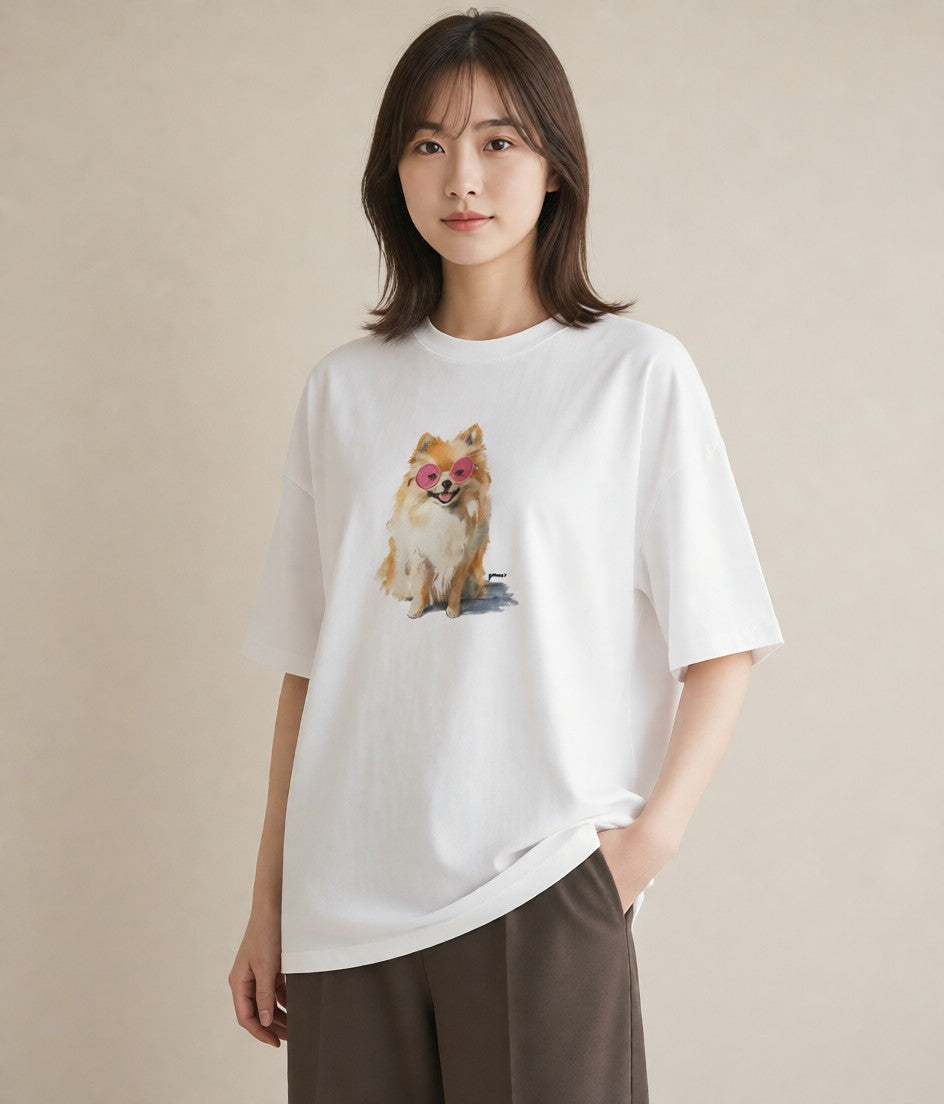 半袖Tシャツ レディース ポメラニアン ポメ 犬 いぬ イラスト ラフ 綿100 デート 白T