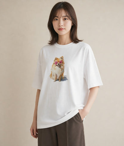 半袖Tシャツ レディース ポメラニアン ポメ 犬 いぬ イラスト ラフ 綿100 デート 白T