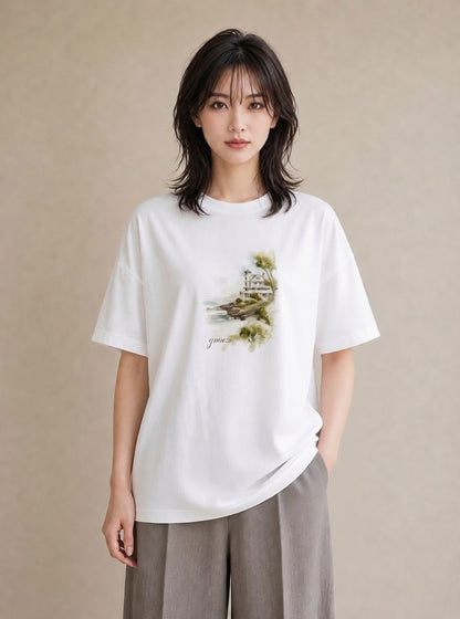 半袖Tシャツ レディース 灯台 霧 海 ナチュラル アンティーク イラスト 抜け感 春服 ミセス 白T