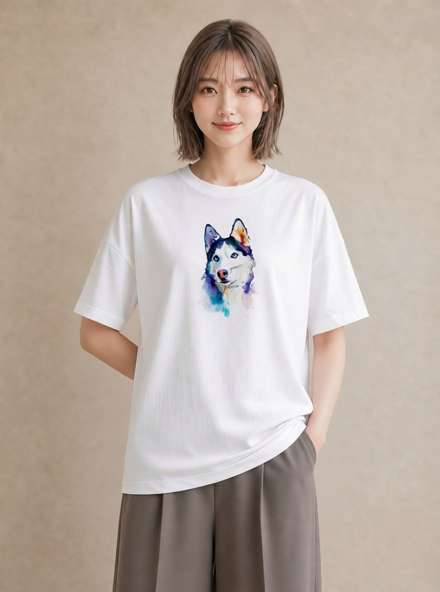 プリントTシャツ レディース シベリアンハスキー 犬 いぬ イラスト きれいめ 女子会 お揃い 白T